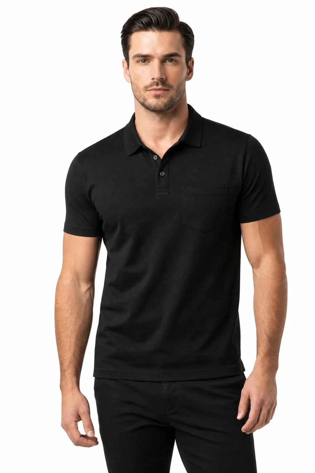 Black contrast collar polo shirt on male model in contrapposto stance