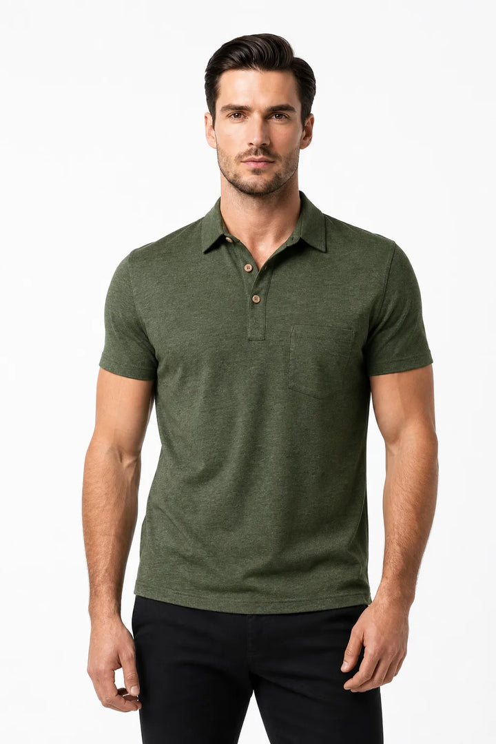 Green contrast collar polo shirt on male model in contrapposto stance
