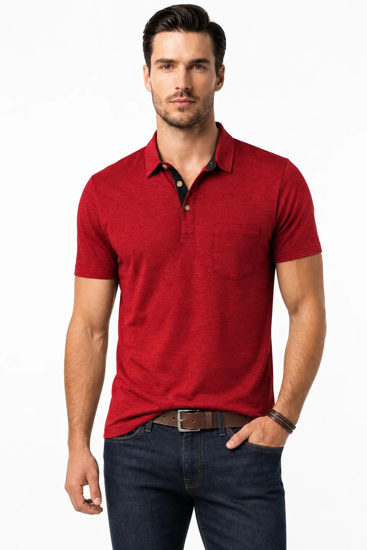 Red contrast collar polo shirt on male model in contrapposto stance