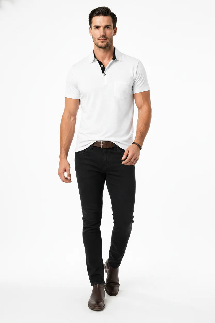 White contrast collar polo shirt on male model in natural movement pose
