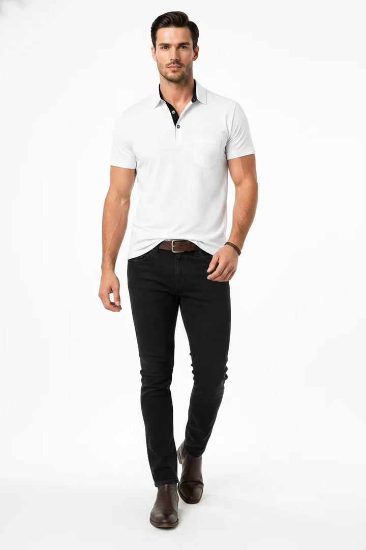White contrast collar polo shirt on male model in natural movement pose