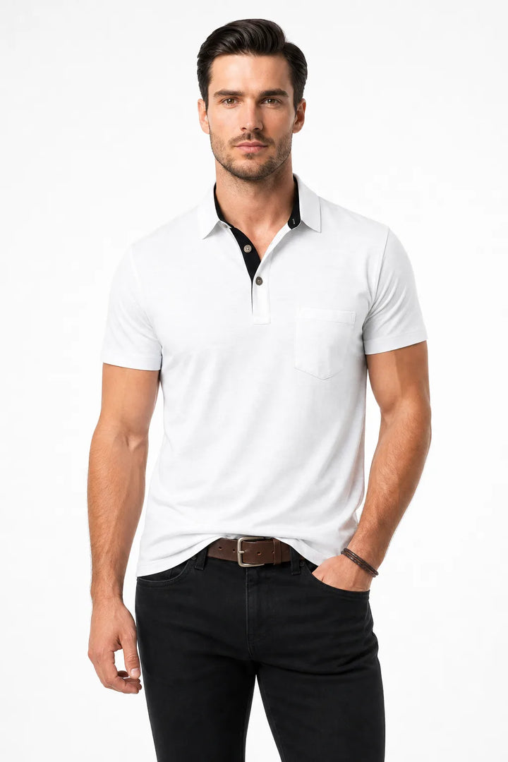 White contrast collar polo shirt on male model in contrapposto stance