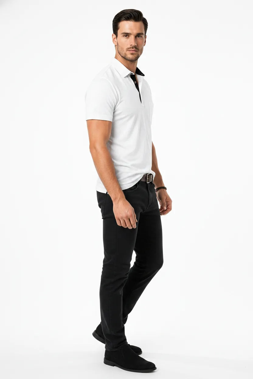 White contrast collar polo shirt on male model in three-quarter turn