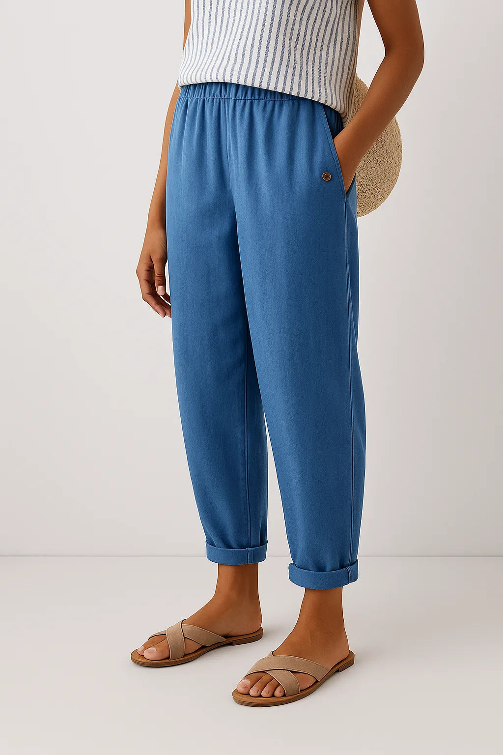 Blue tapered rolled cuff pants, model shown from the side