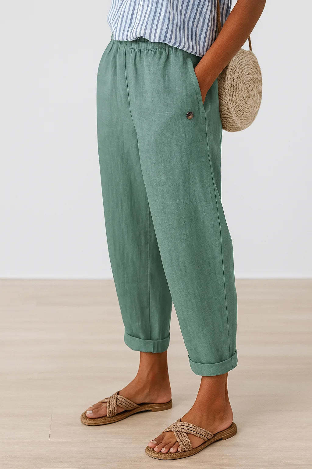 Close-up detail of light green tapered pant with rolled cuff
