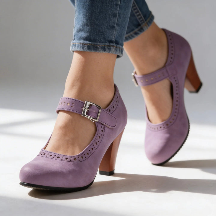 Lavender mary jane brogue pump, full shoe view showing overall style and construction