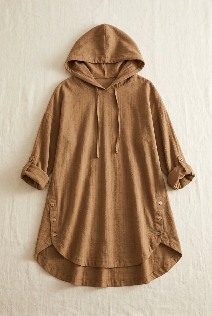 Khaki hooded tunic dress laid flat, displaying full-length relaxed silhouette with drawstring hood