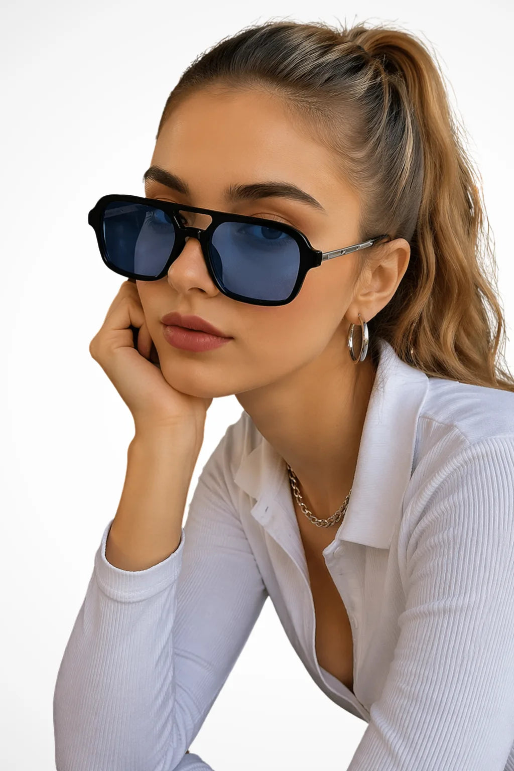 Square double bridge sunglasses with black frames and blue lenses, front view