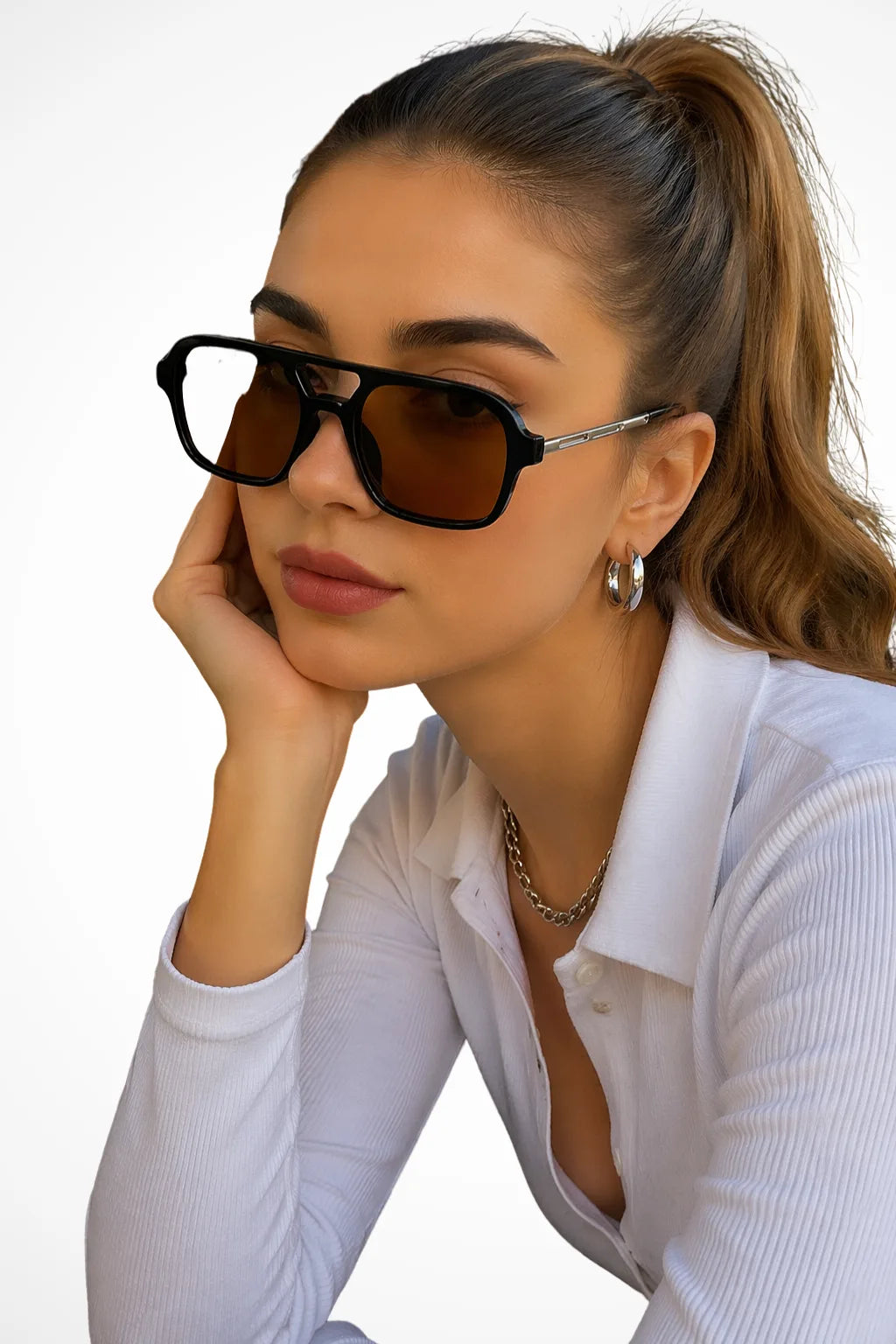 Square double bridge sunglasses with black frames and brown lenses, front view