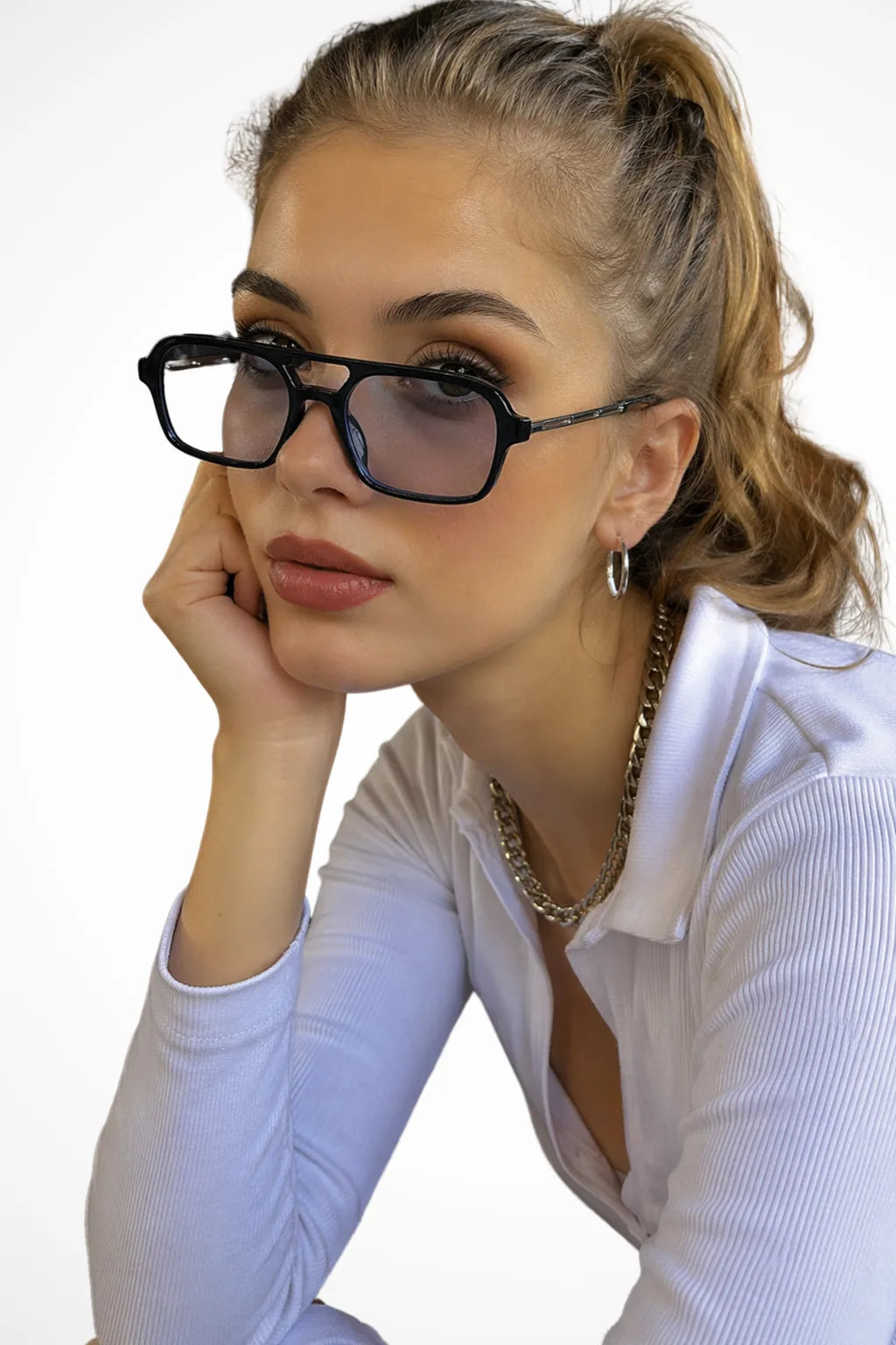 Square double bridge sunglasses with black frames and clear lenses, front view