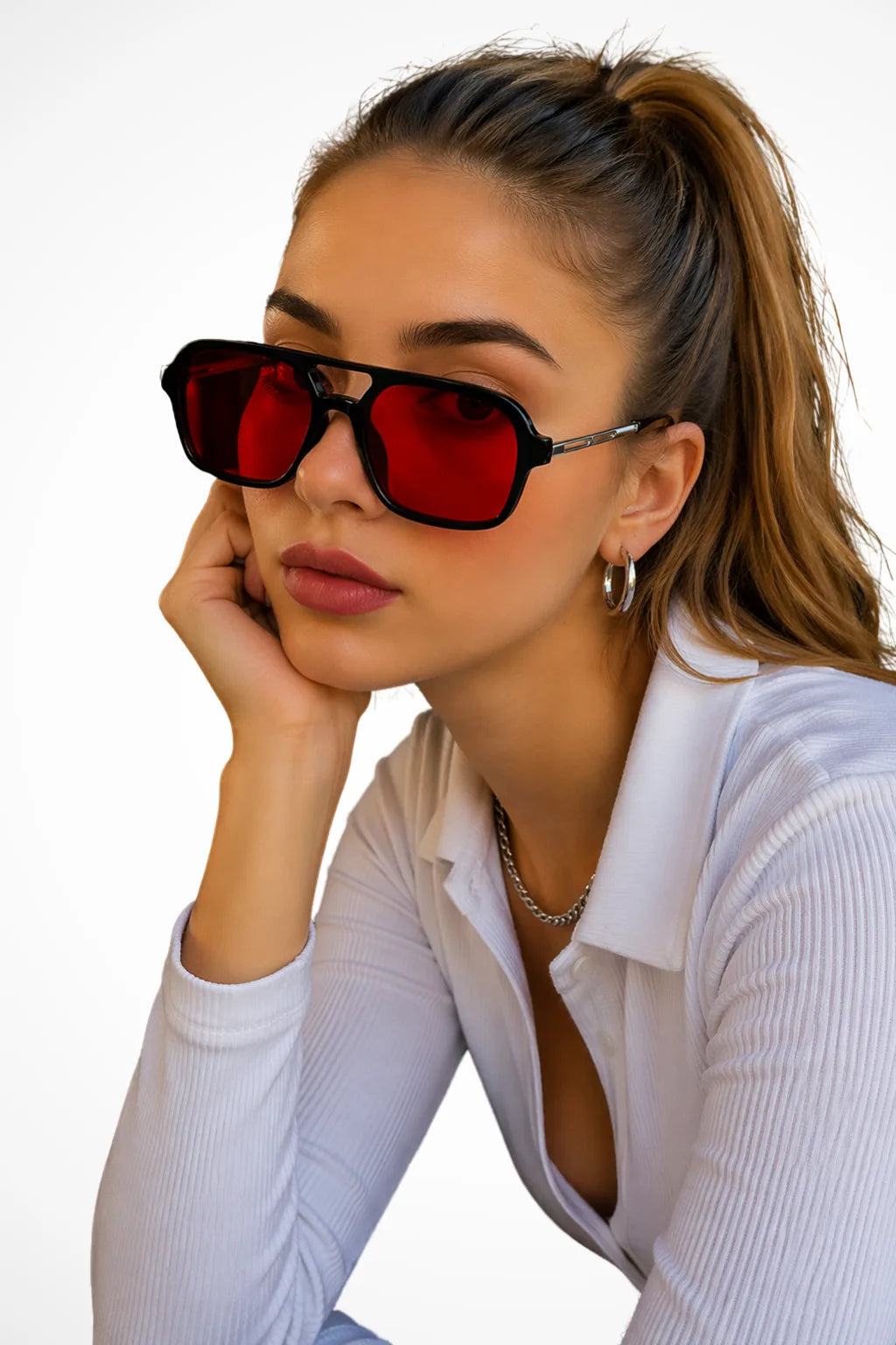 Square double bridge sunglasses with black frames and red lenses, front view