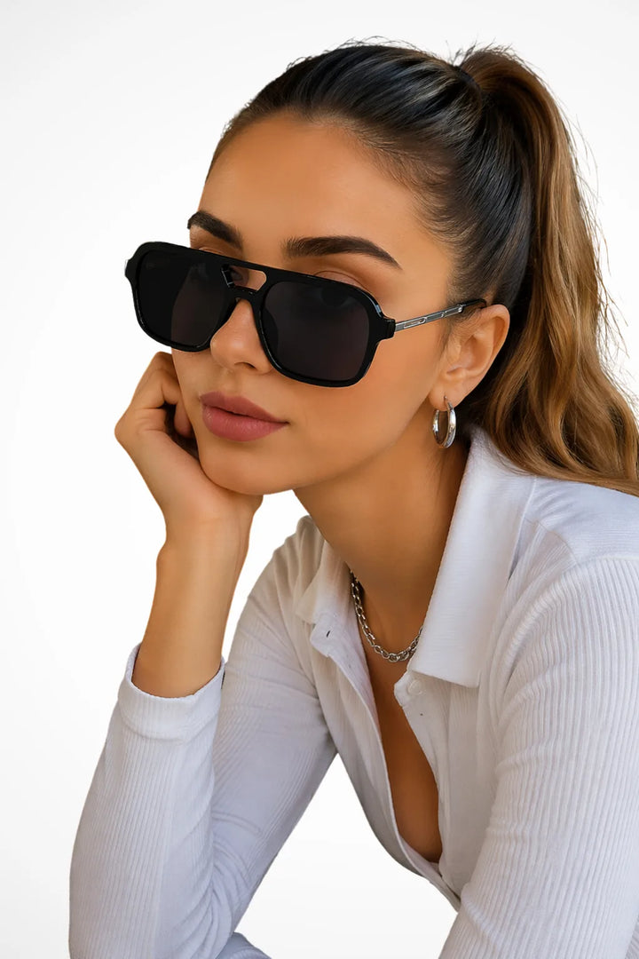 Square double bridge sunglasses in solid jet black frames and lenses, front view