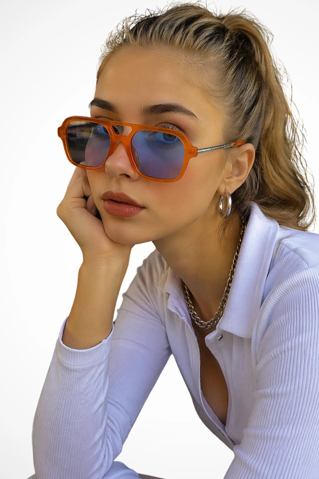 Square double bridge sunglasses with orange frames and blue lenses, front view