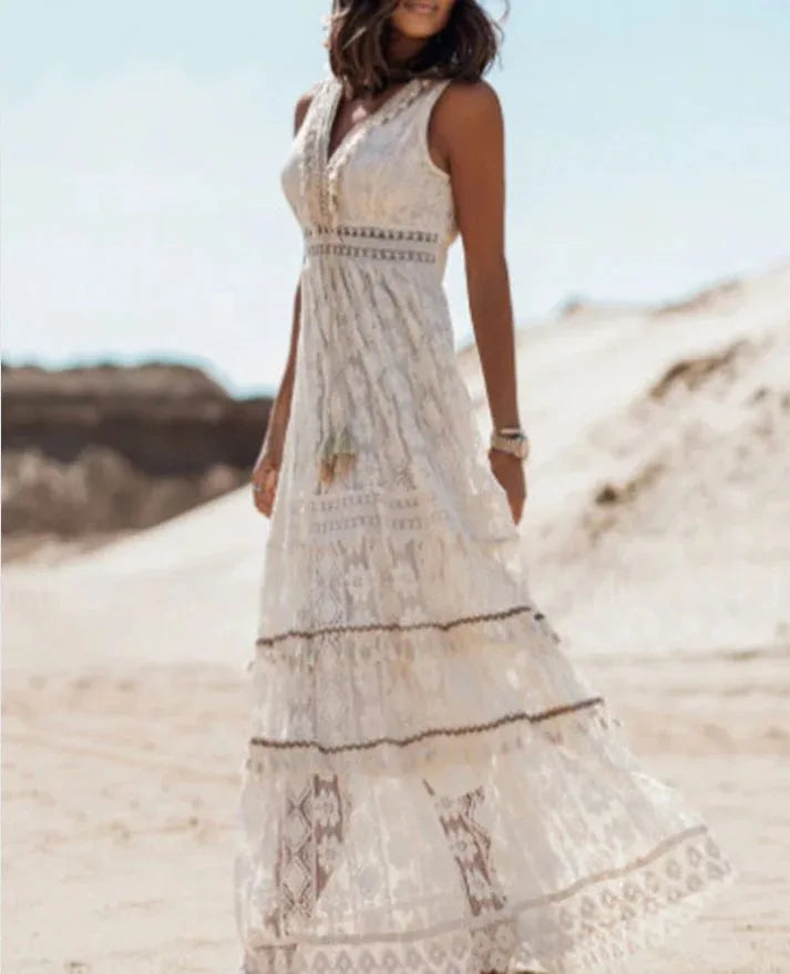 Beige lace tiered maxi dress on model from the side