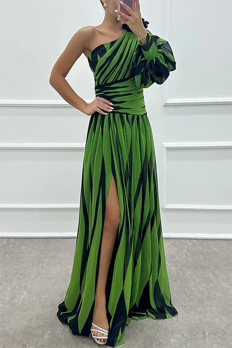 Woman in a white one-shoulder floor-length gown with slit, alternate standing pose