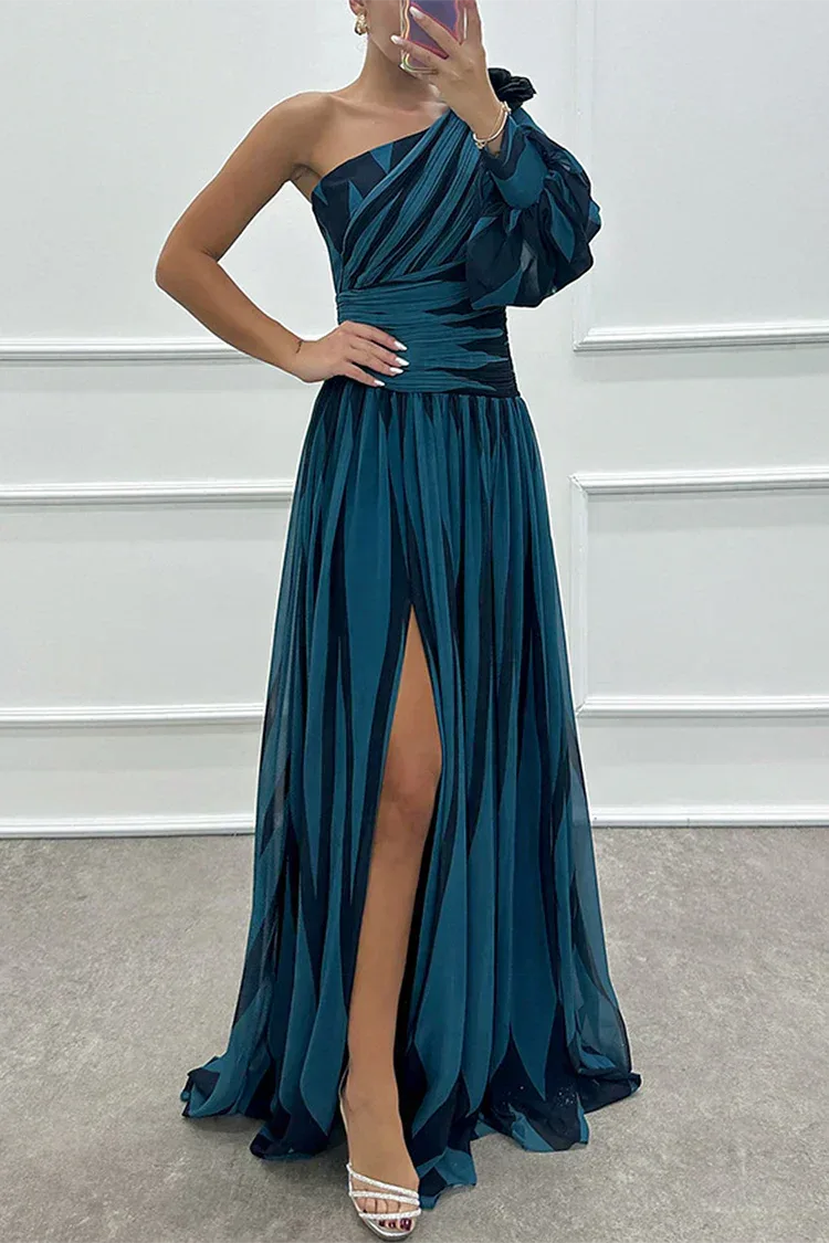Woman in a white one-shoulder slit gown, styled full-length view