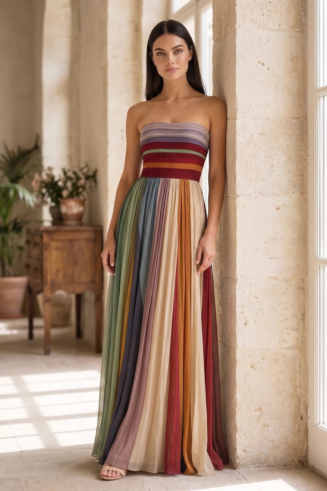 Model wearing striped pleated floor-length gown in lifestyle setting