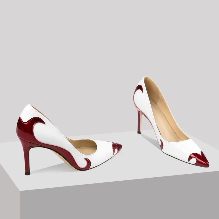 Burgundy pointed toe stiletto pump, side profile view