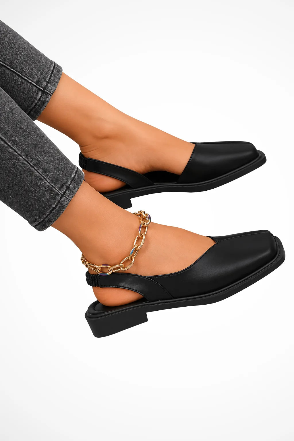 Black square toe slingback flat, front view