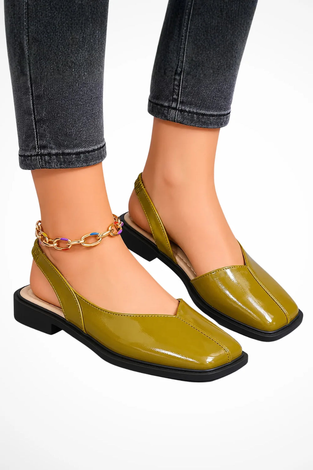 Light green square toe slingback flat, front view