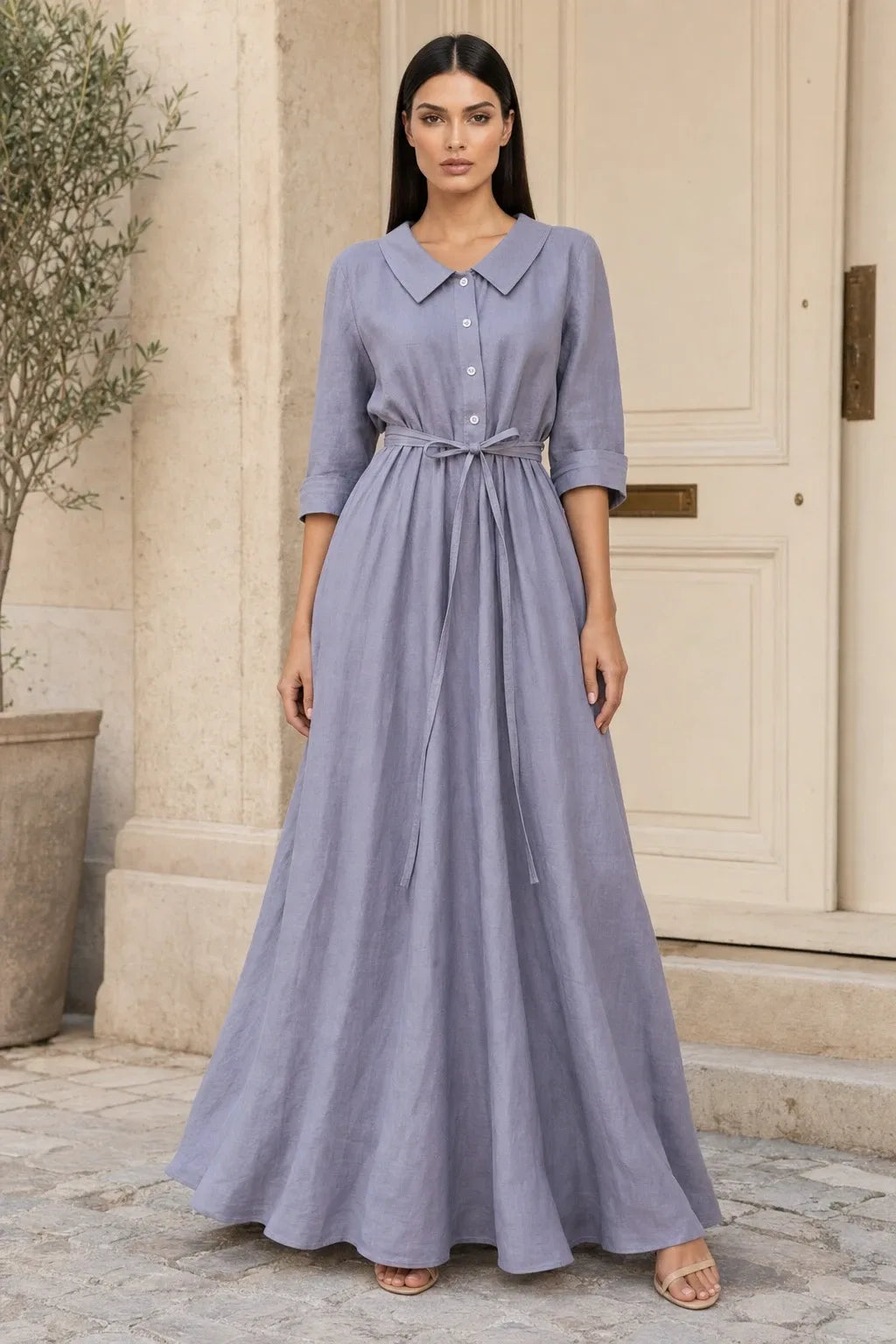 Lavender gray tie waist midi dress on model in contrapposto stance