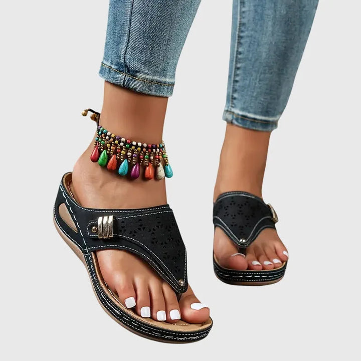 Black wedge thong sandal, additional view showing sole and sandal structure