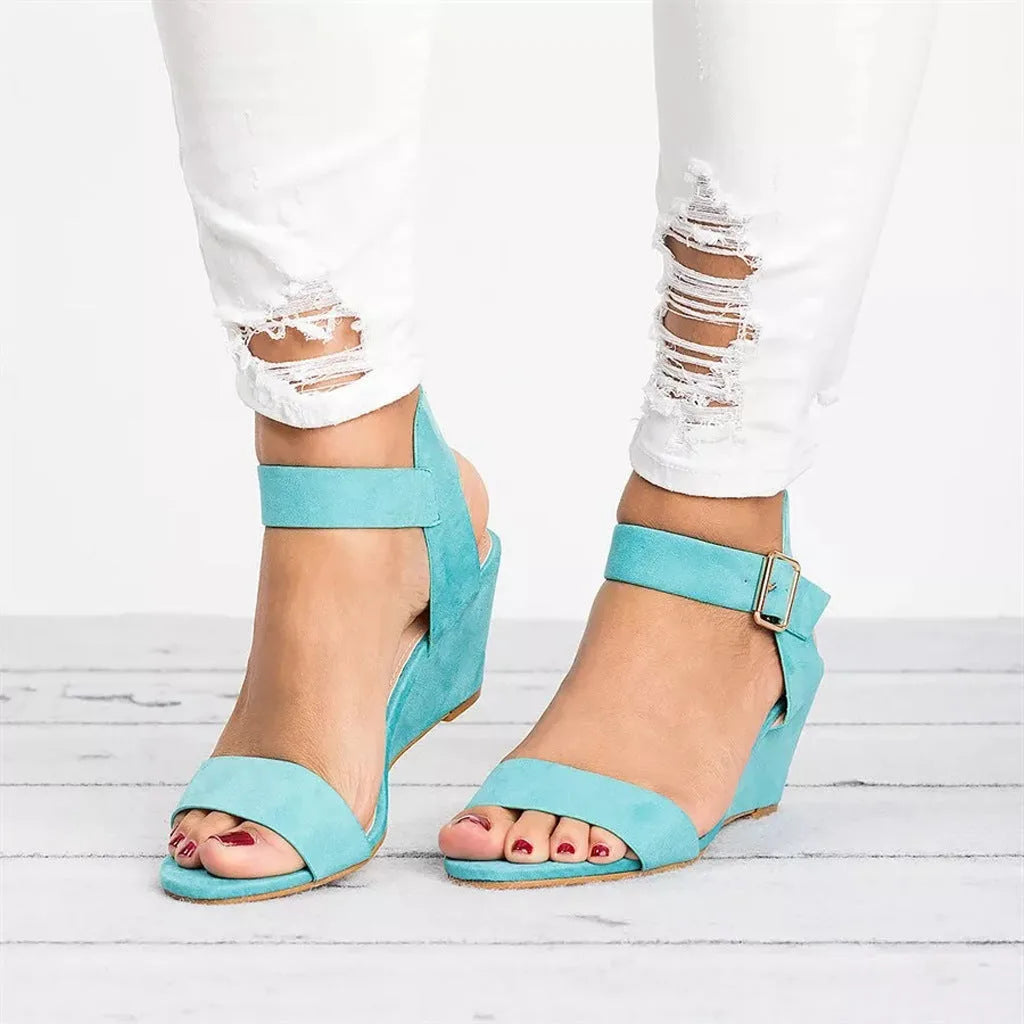 Sky blue ankle strap wedge sandal, heel view