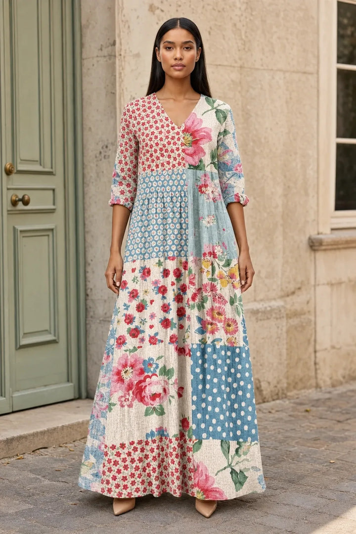 Light blue patchwork floral maxi dress on model in contrapposto stance