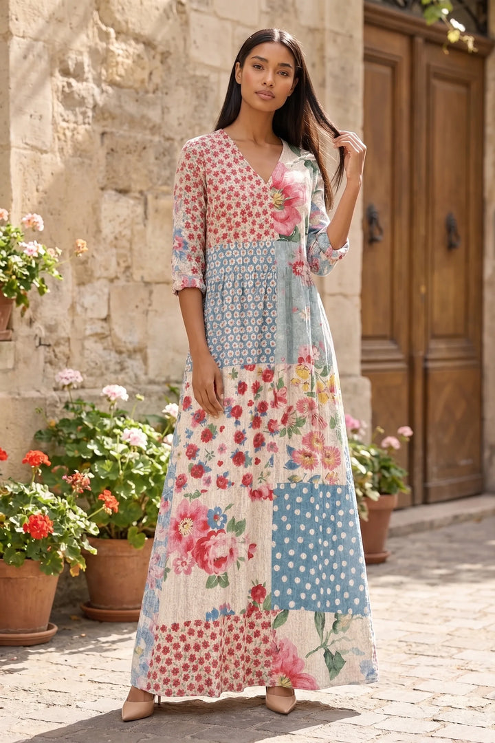Model wearing light blue patchwork floral maxi dress in lifestyle setting