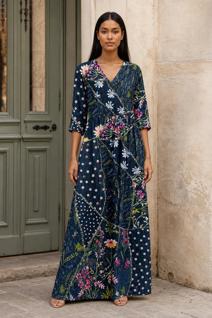 Navy blue patchwork floral maxi dress on model in contrapposto stance