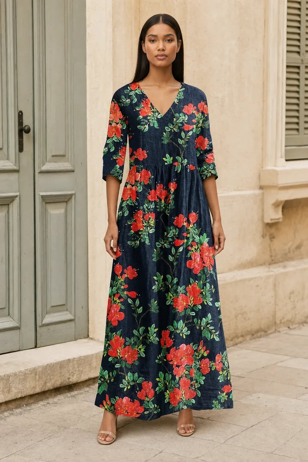 Red patchwork floral maxi dress on model in contrapposto stance