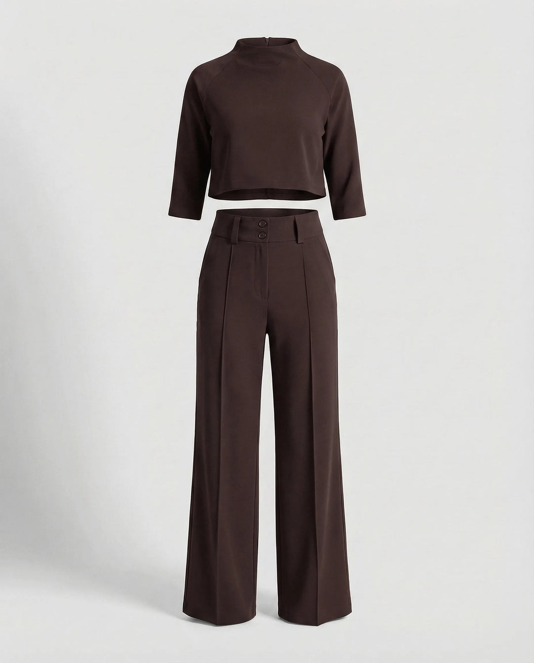Woman wearing a brown wide-leg trouser co-ord set with matching blazer