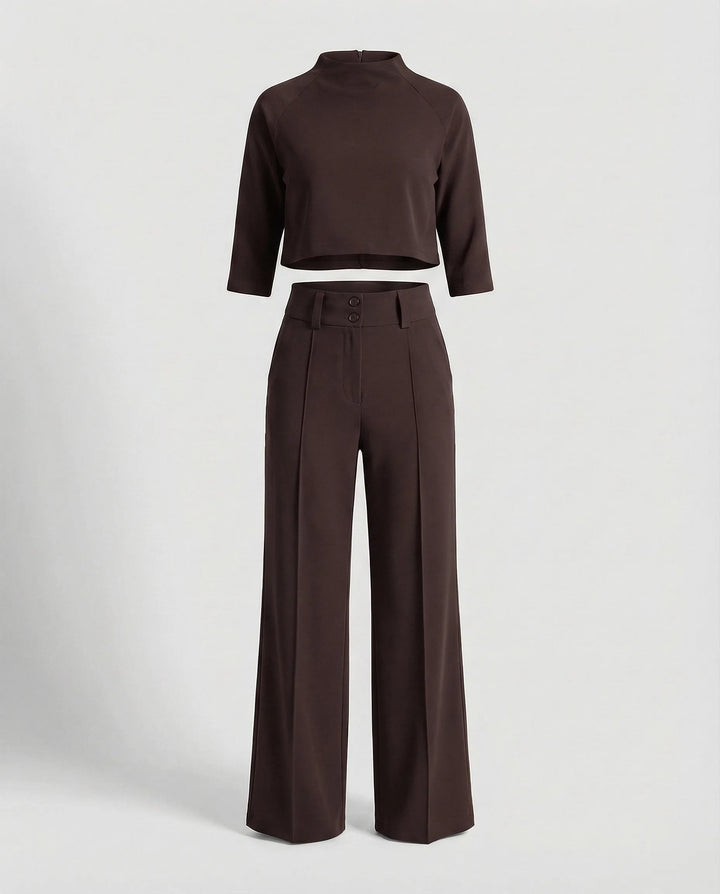Woman wearing a brown wide-leg trouser co-ord set with matching blazer