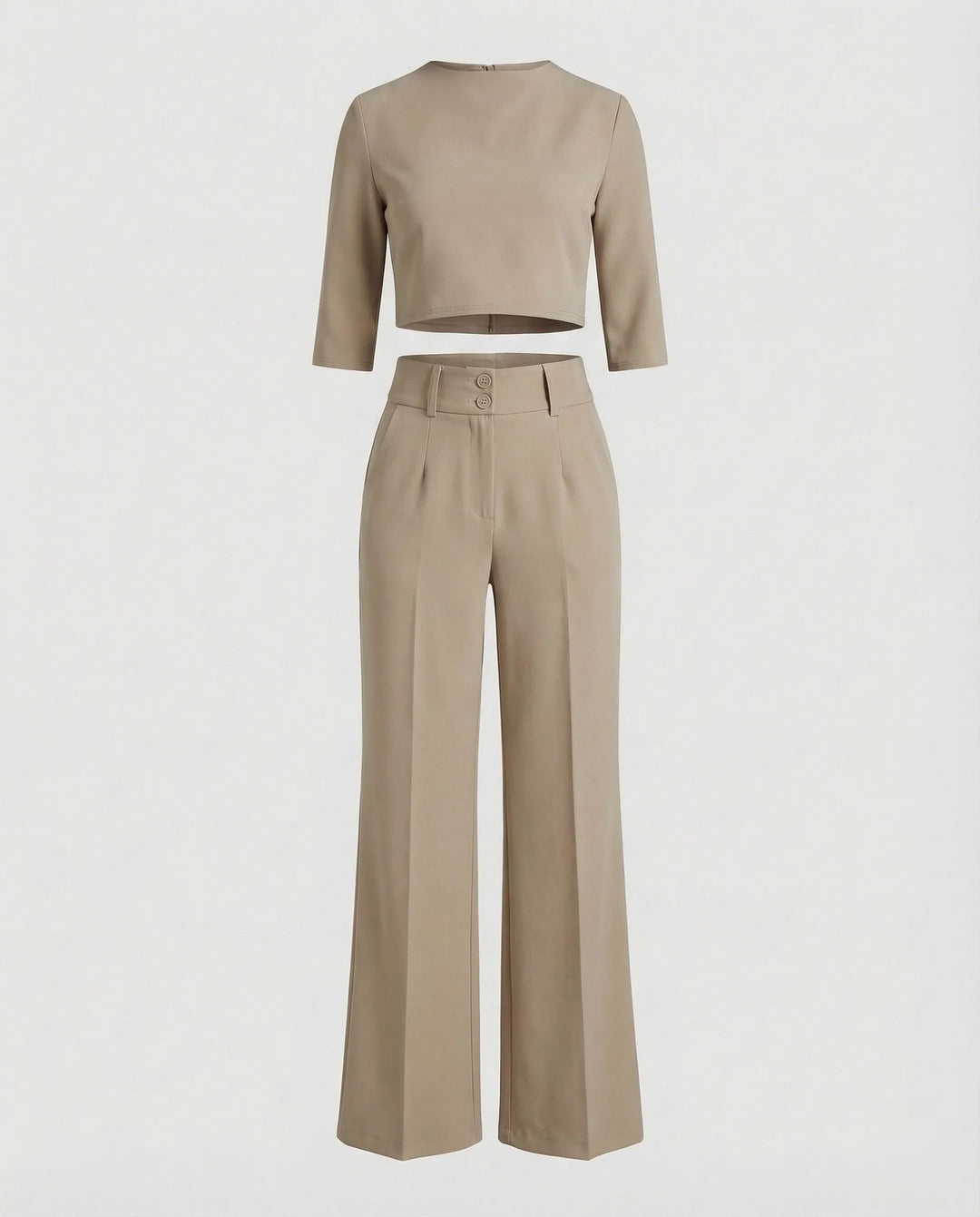 Woman wearing a khaki wide-leg trouser co-ord set with matching blazer