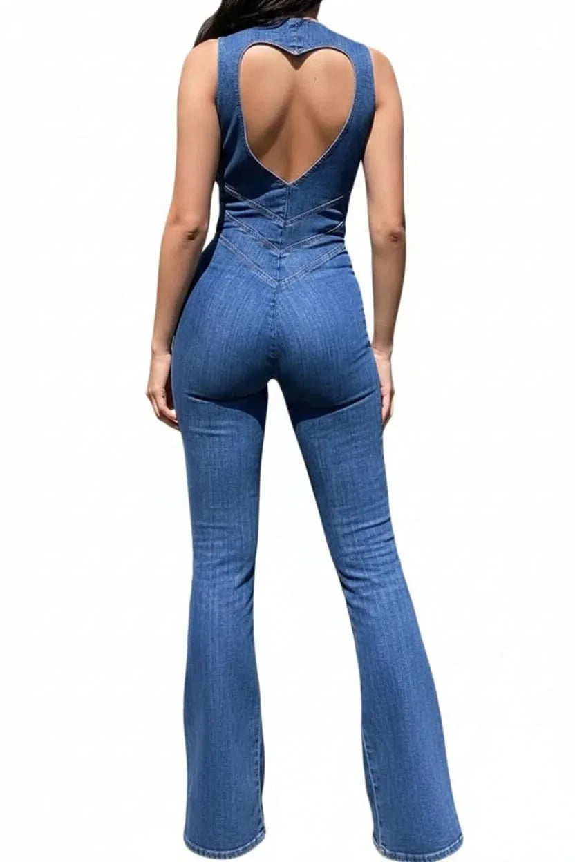 Close-up detail of the deep V neckline and fabric of a flared jumpsuit