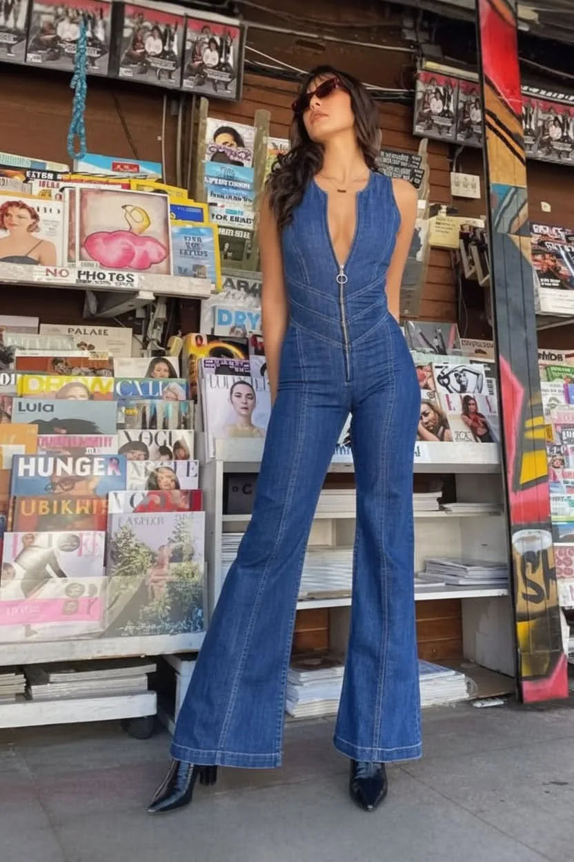 Model facing forward in a deep V-neck flared jumpsuit with wide-leg silhouette