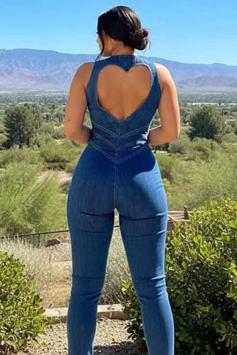Model showcasing a wide-leg jumpsuit with deep V neckline from behind
