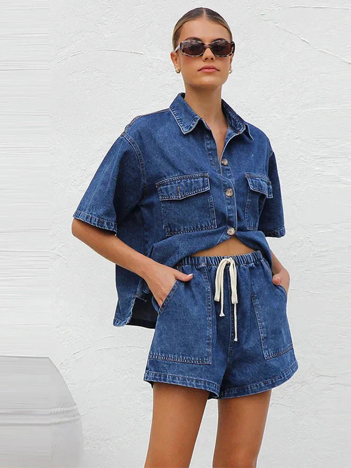 Full-length view of model in a blue denim shirt co-ord set