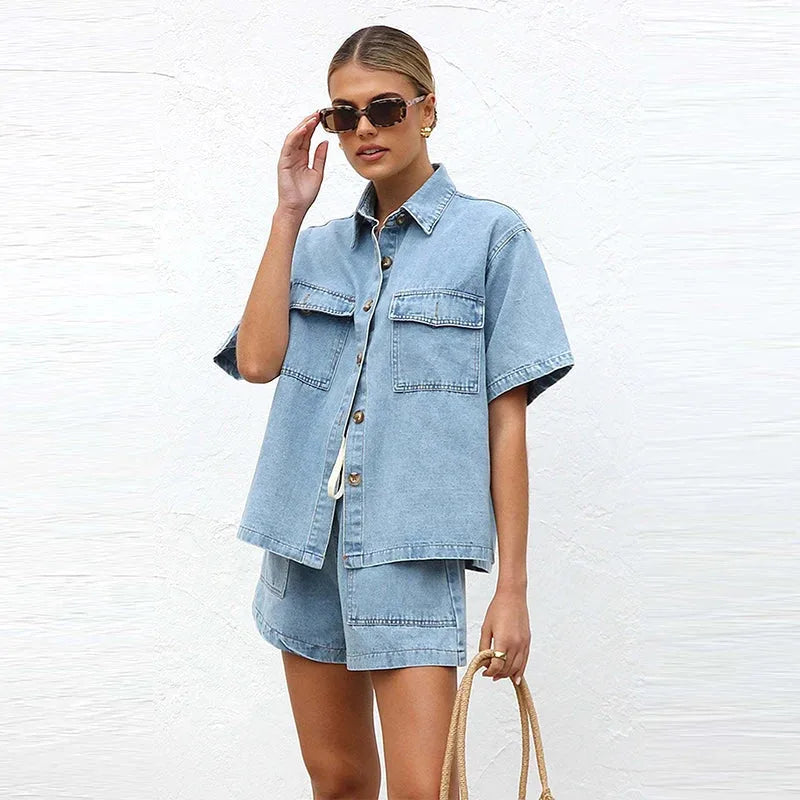 Model in a blue denim shirt co-ord set, turned pose