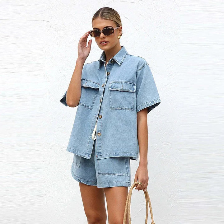 Model in a blue denim shirt co-ord set, turned pose