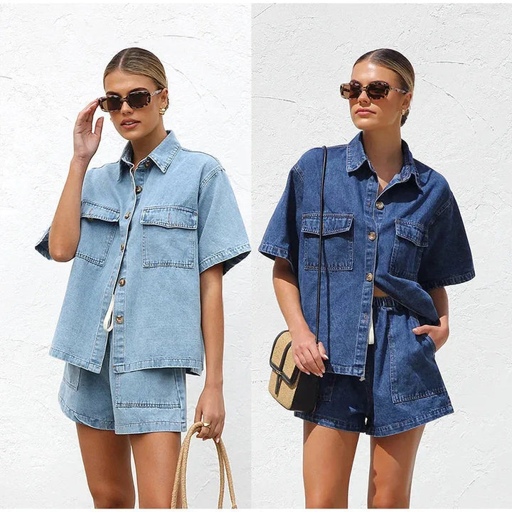 Full-length model shot in a blue denim shirt co-ord set