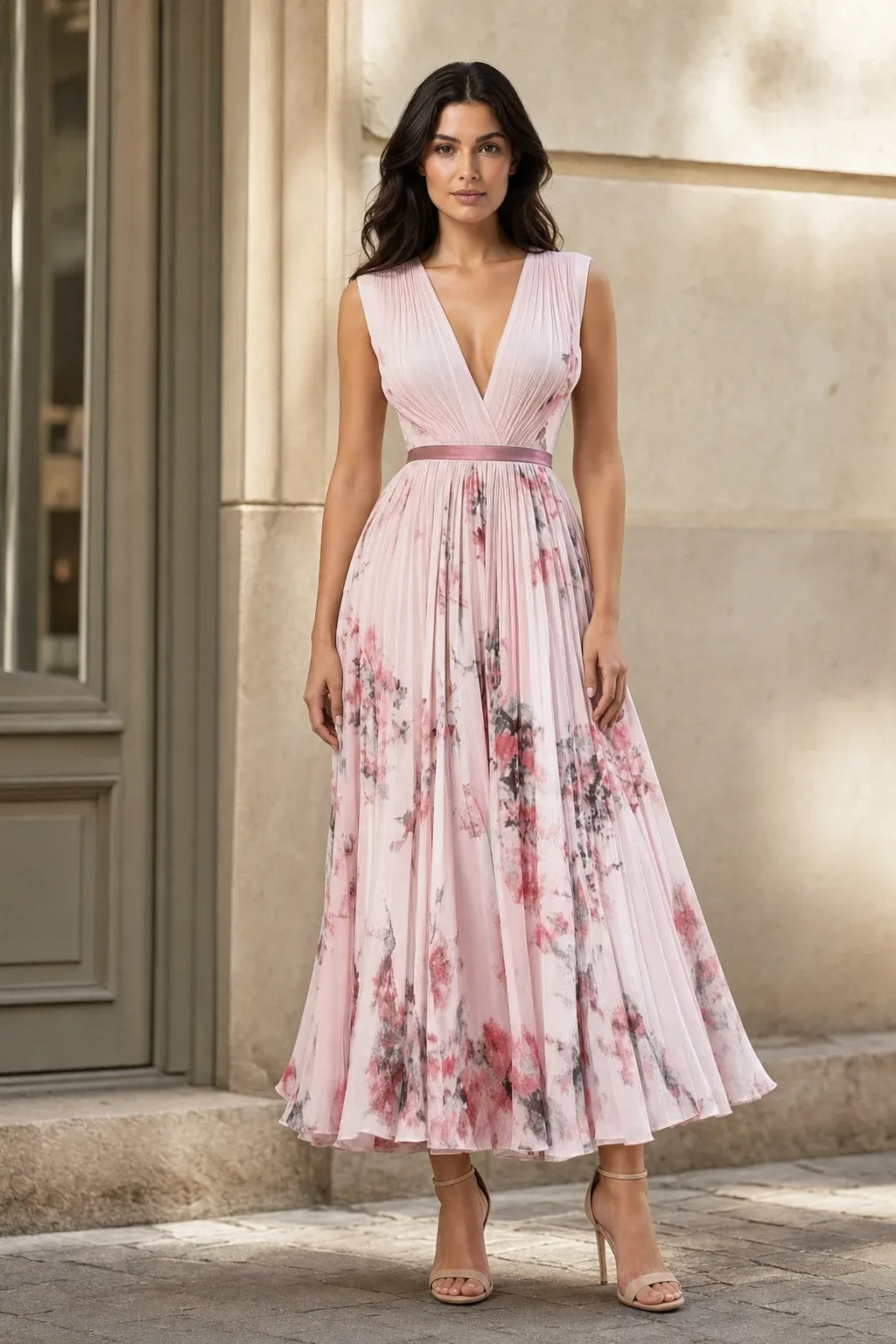 Pink pleated floral midi dress on a model in a contrapposto stance