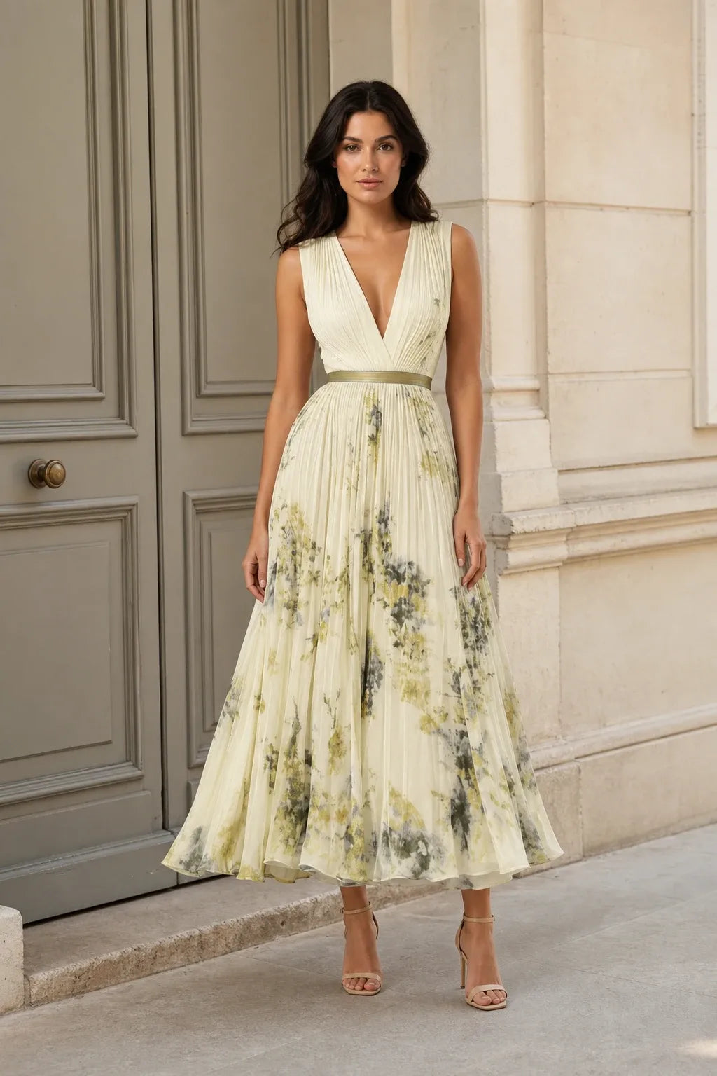 Yellow pleated floral midi dress on a model in a contrapposto stance