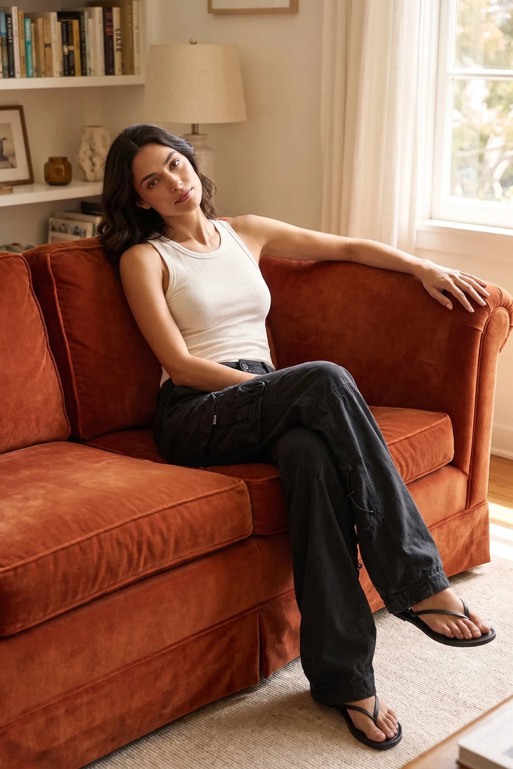 Model wearing black wide-leg cargo pants in an outdoor lifestyle setting