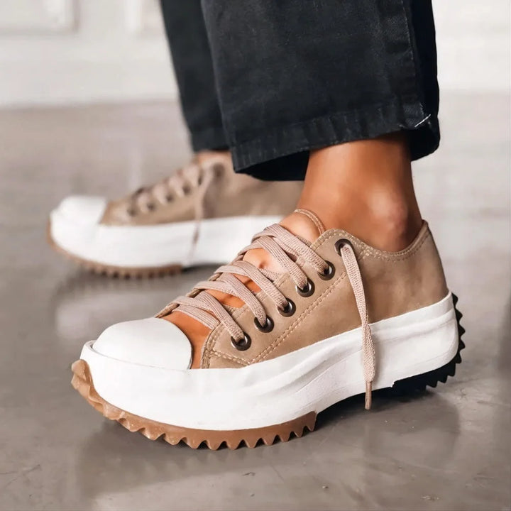 Brown lug sole platform sneaker, front view