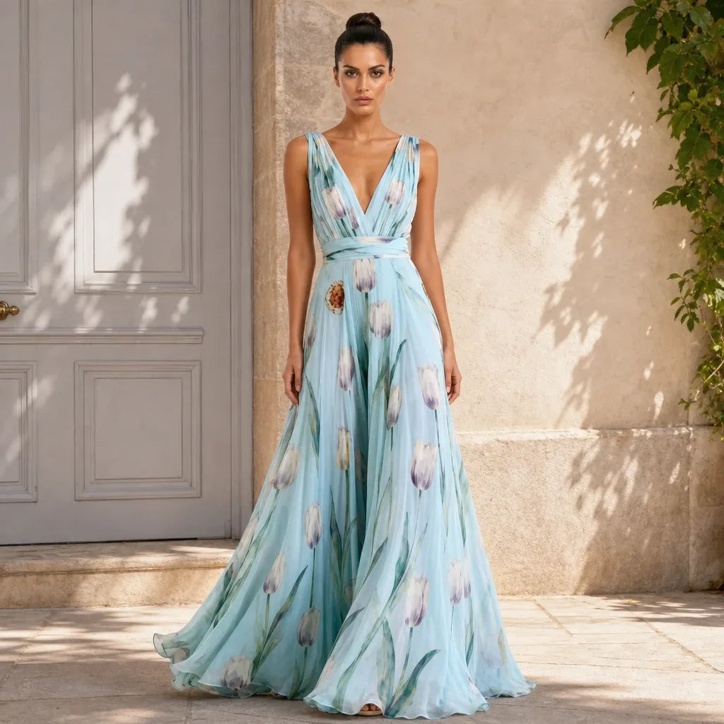 Woman in blue pleated floral maxi dress standing in contrapposto pose