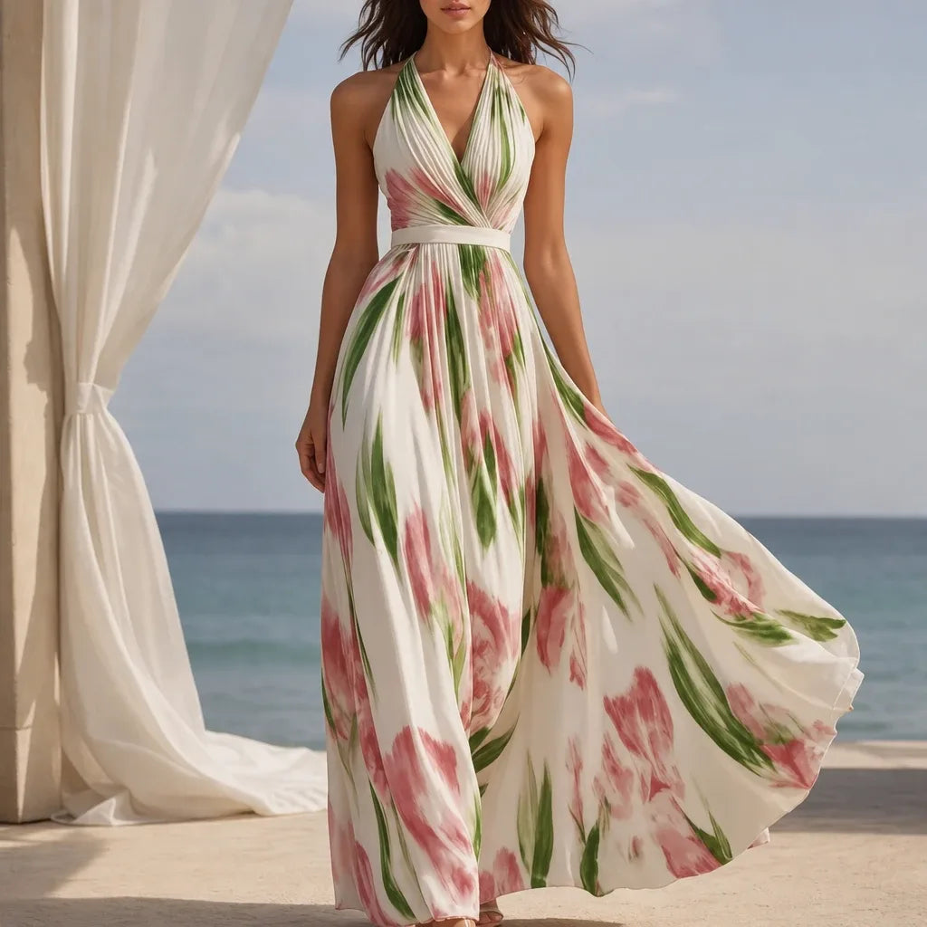 Woman in white pleated floral maxi dress standing in contrapposto pose