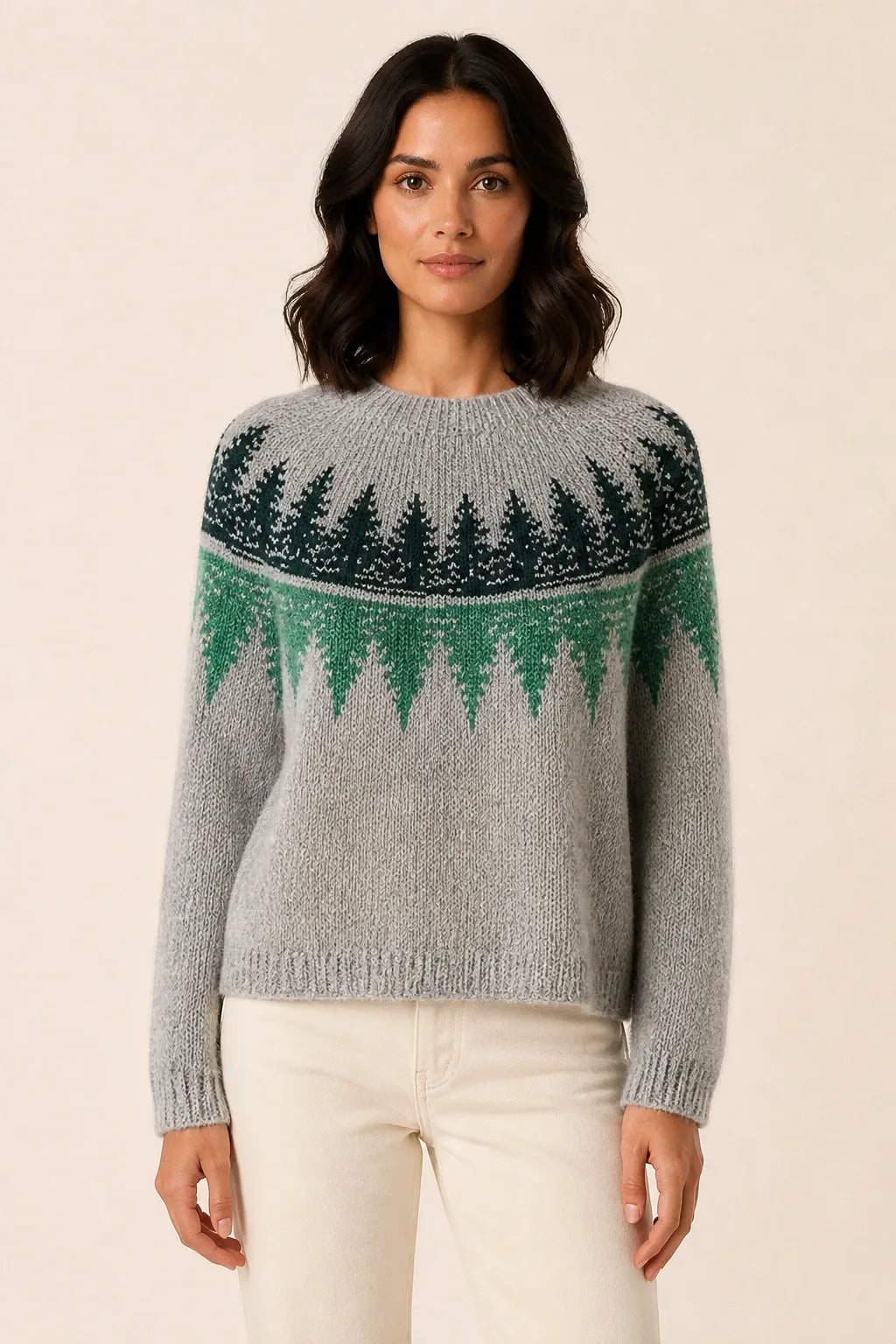 Colorblock stripe sweater in blue and green, model in contrapposto stance