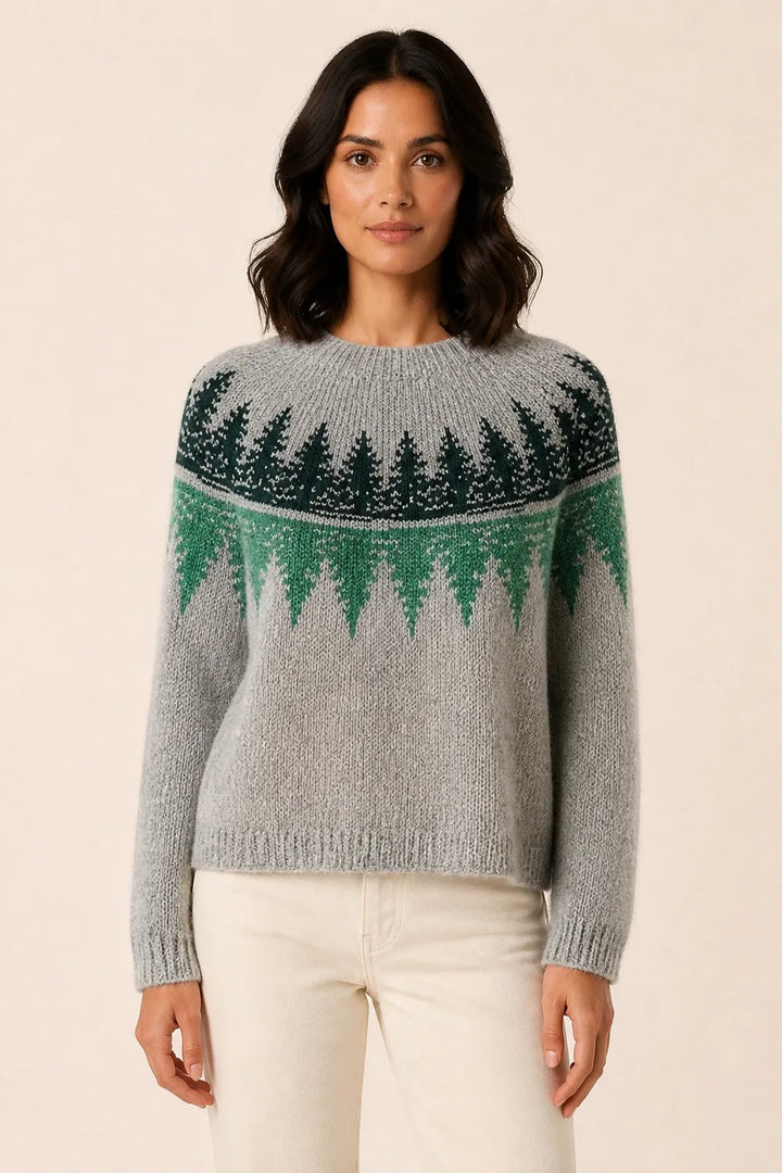 Colorblock stripe sweater in blue and green, model in contrapposto stance
