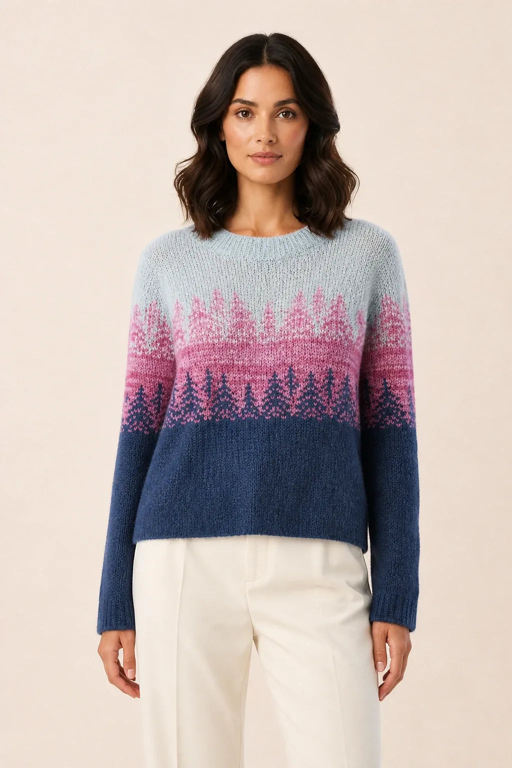 Colorblock stripe sweater in blue and pink, model in contrapposto stance